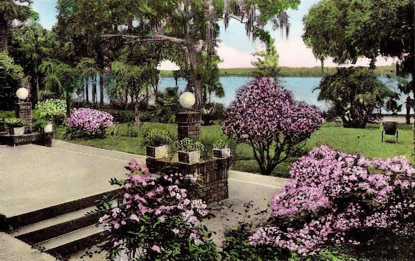 Vintage postcard view across Lake Maitland from a lakeside veranda, about 1922