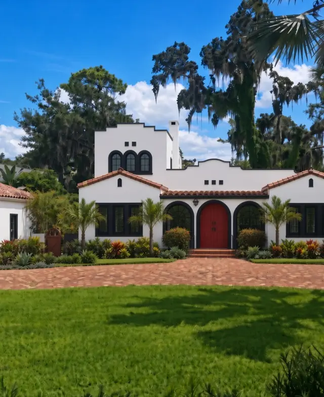 AI concept rendering of a white Spanish Revival home with black windows and ironwork, a red arched front door, clay tile roof and a green lawn