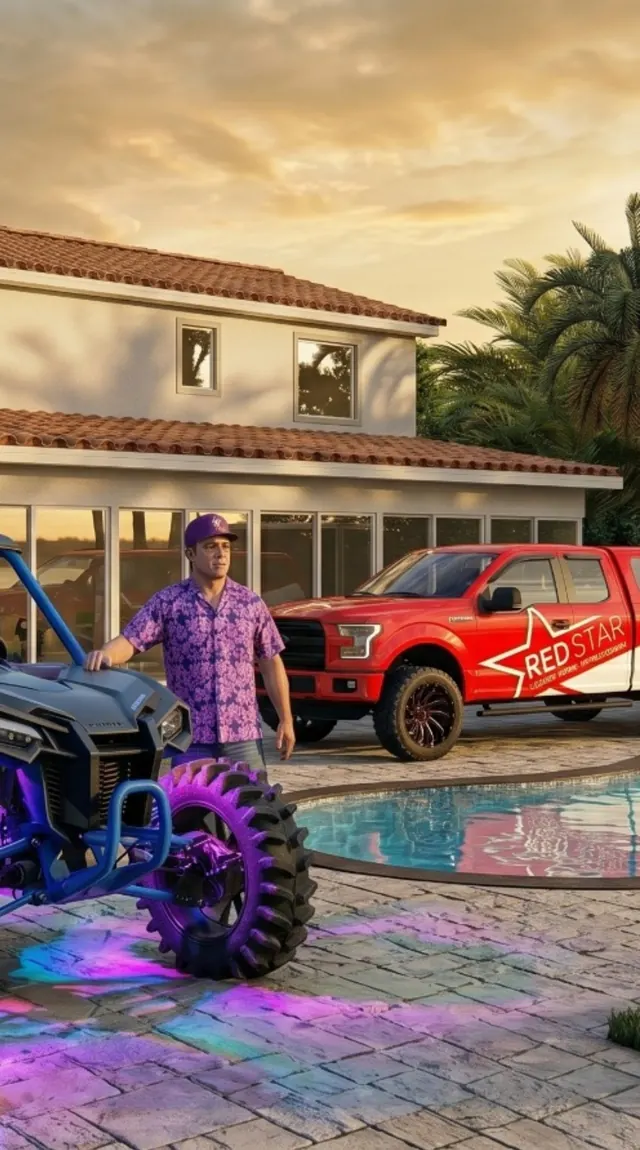 AI concept art of a man in a purple shirt beside a purple UTV at a pool at sunset, with a red Red Star F-150 behind