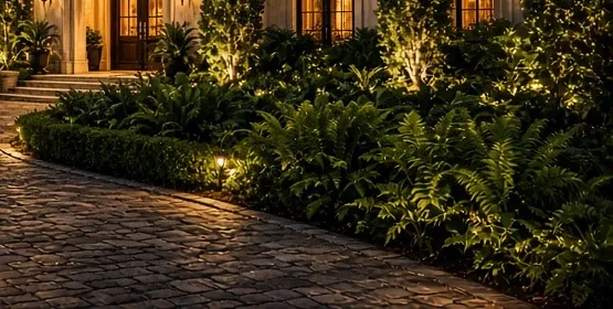 Illustration detail: layered tropical landscaping, hedges and ferns lit at night