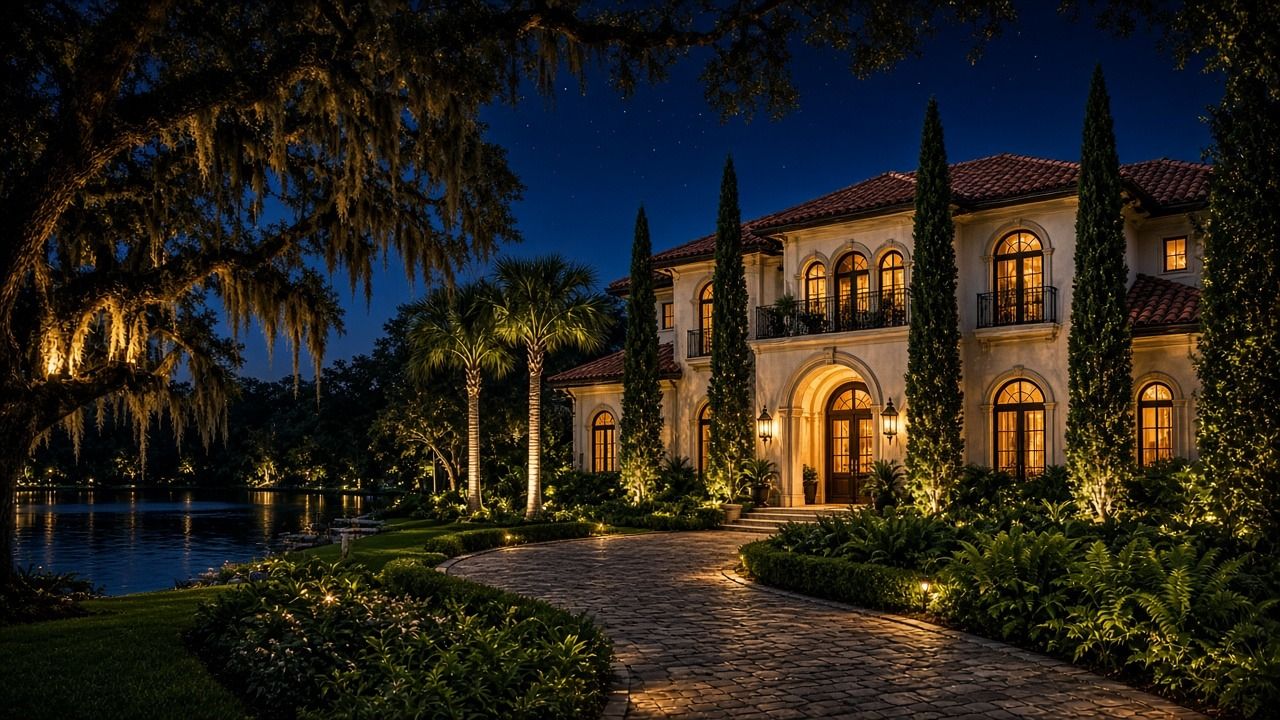 Illustration of a lakeside Mediterranean-style estate at night with warm facade lighting, a paver drive and lush landscaping