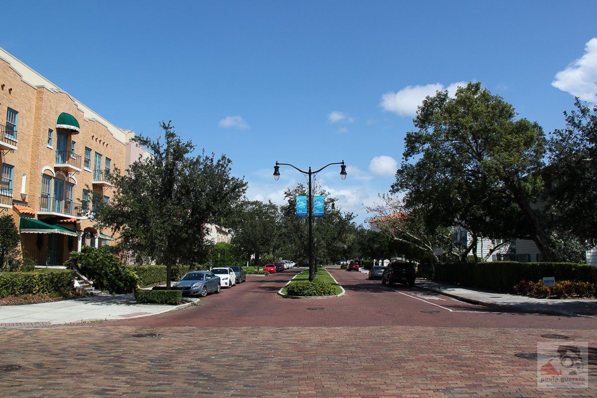 Brick-paved street lined with trees in Winter Park